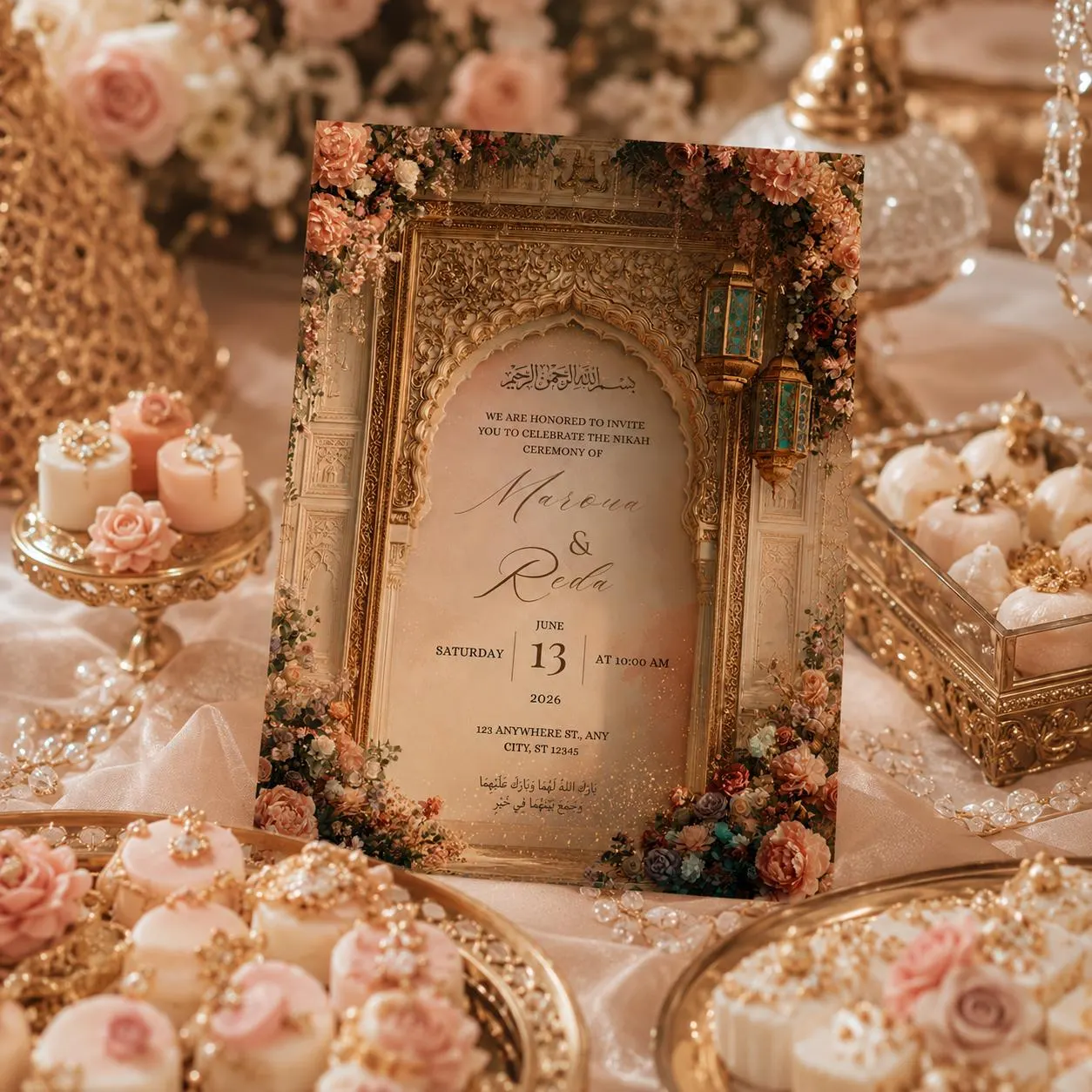 Luxury Islamic Nikah Invitation Template, Royal Floral Muslim Wedding Invite, Ornate Arch Editable Canva Wedding Invitation - image 3