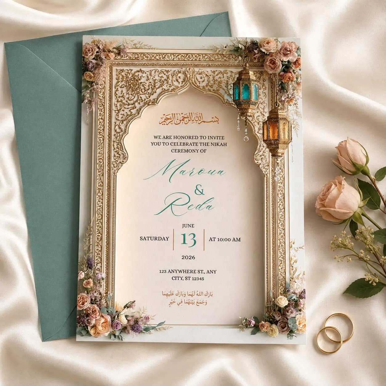 Ivory Gold Nikah Invitation Template, Blush Floral Nikkah Wedding Invite, Teal Lantern Islamic Wedding Card, Editable Canva