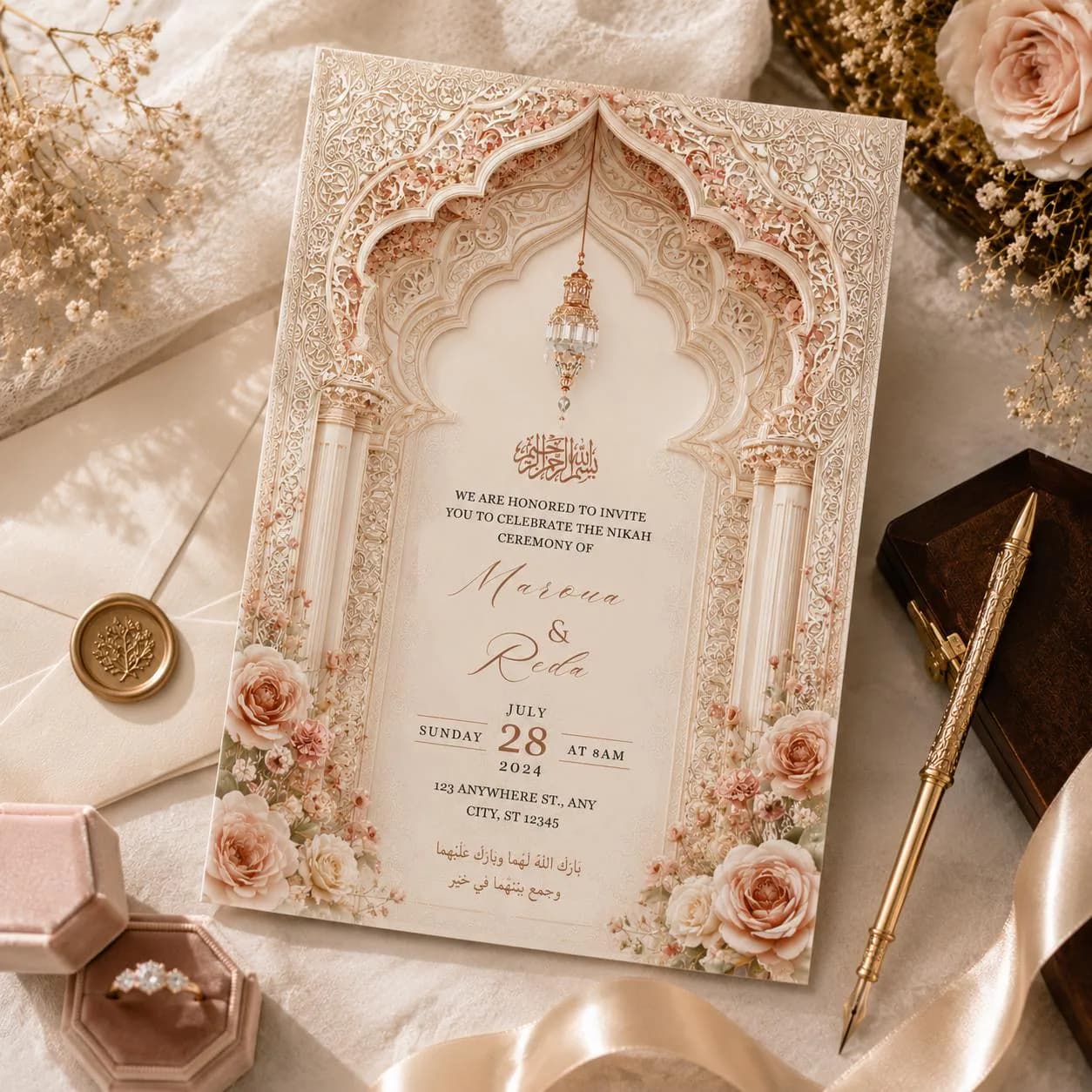 Editable Islamic Nikah Wedding Invitation Template, Luxury Floral Muslim Wedding Invite, Ornate Arch Canva Invitation, Instant Download