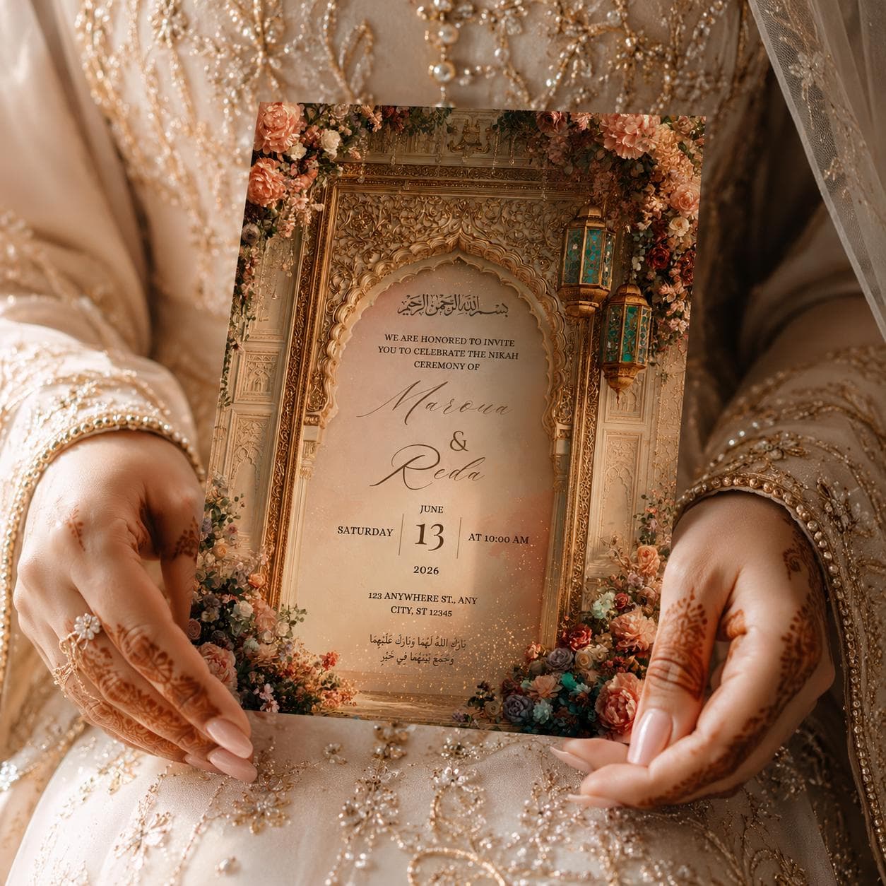Luxury Islamic Nikah Invitation Template, Royal Floral Muslim Wedding Invite, Ornate Arch Editable Canva Wedding Invitation - image 4