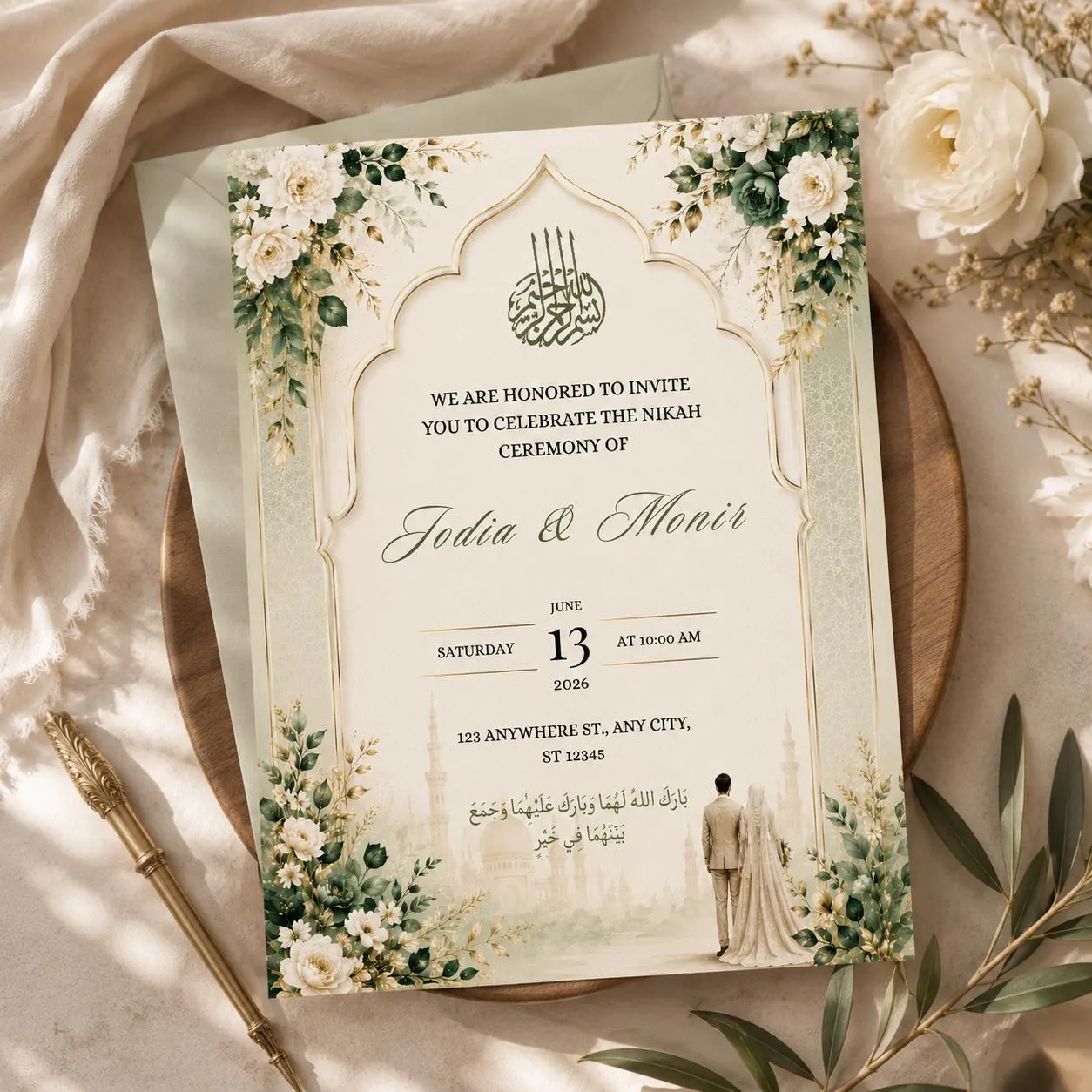 Islamic Wedding Invitation Template Canva Editable | Muslim Nikah Invite | Sage Green Floral Wedding Invitation | Instant Download - image 3