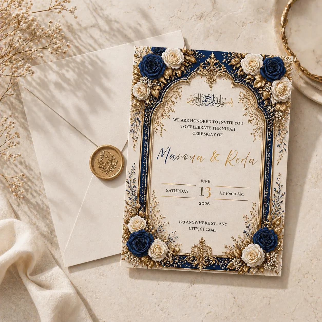 Editable Wedding Invitation Template, Islamic Nikah Invitation, Blue Gold Wedding Invite, Canva Template, Instant Download