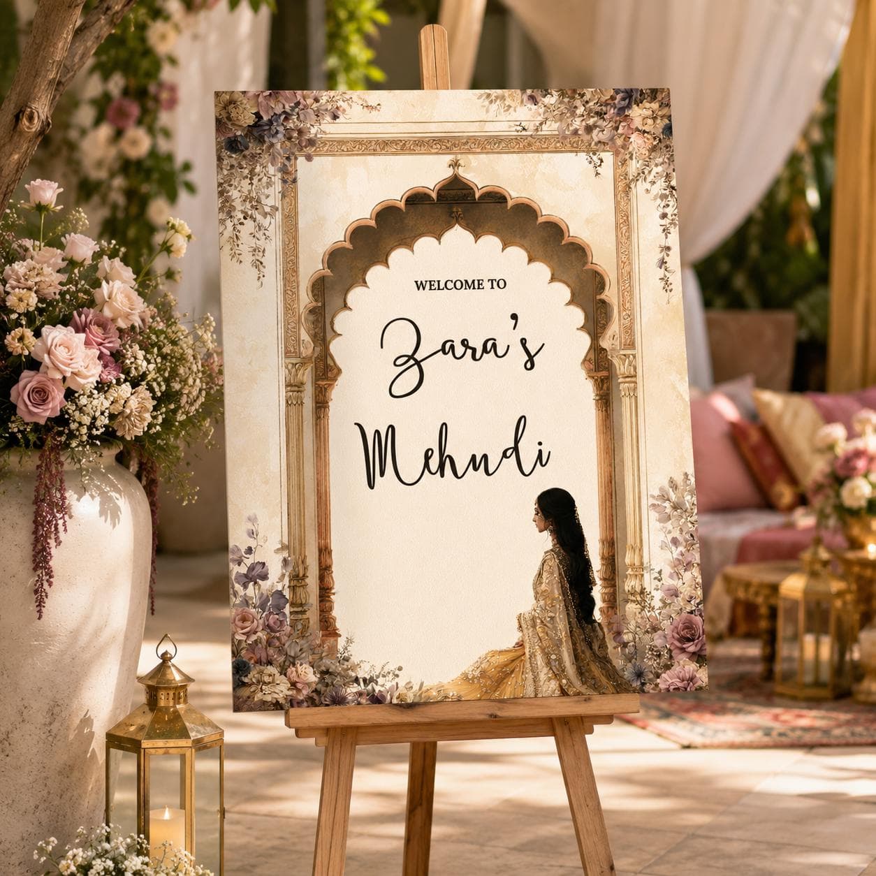 Mehndi Welcome Sign Template, Mughal Arch Indian Wedding Sign, Editable Canva Mehendi Welcome Sign, Neutral Floral Desi Wedding Decor