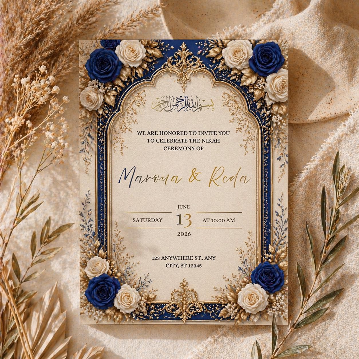 Editable Wedding Invitation Template, Islamic Nikah Invitation, Blue Gold Wedding Invite, Canva Template, Instant Download - image 3