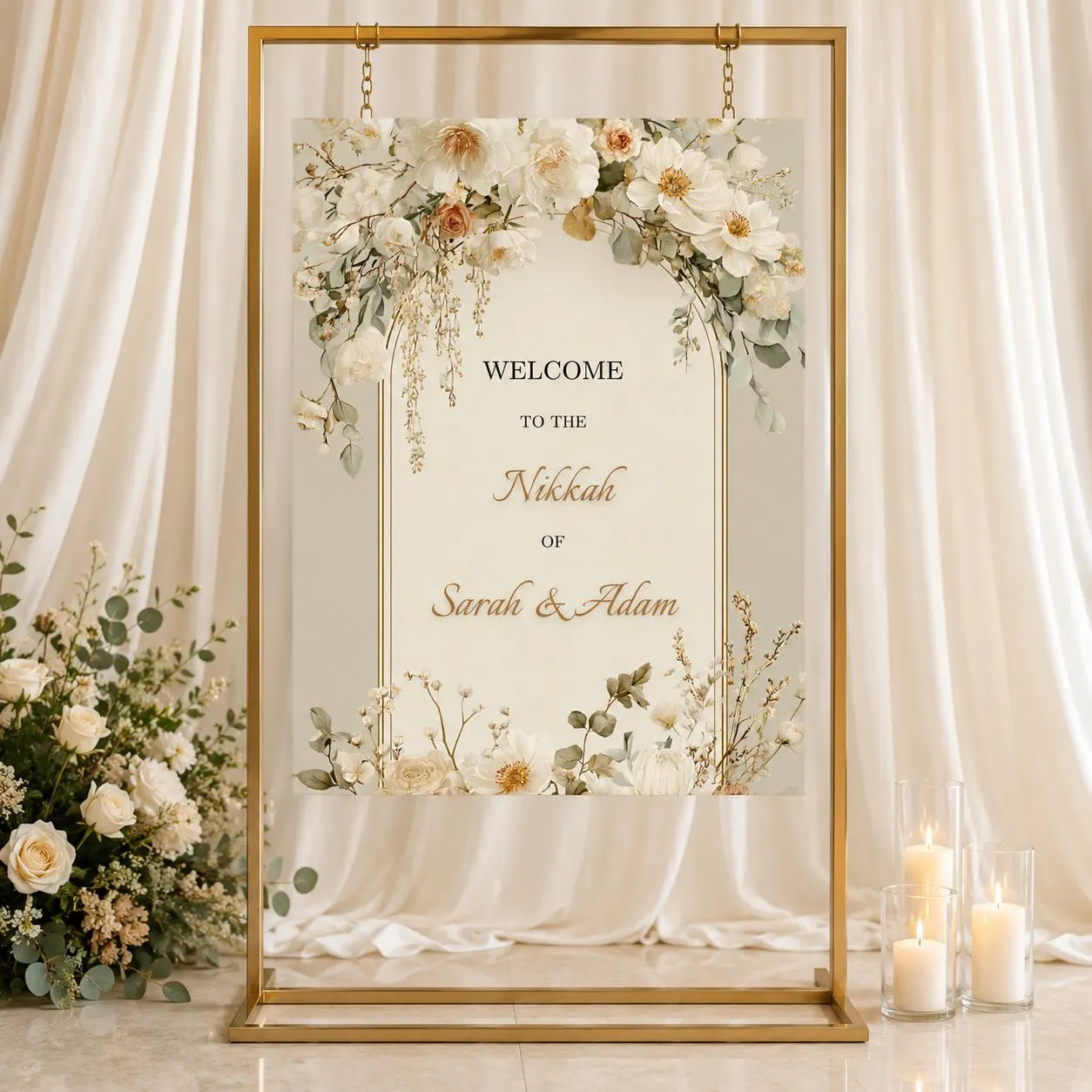 Nikkah Welcome Sign Template, Ivory Floral and Gold Nikah Wedding Sign, Sage Greenery Islamic Wedding Decor, Editable Canva - image 3