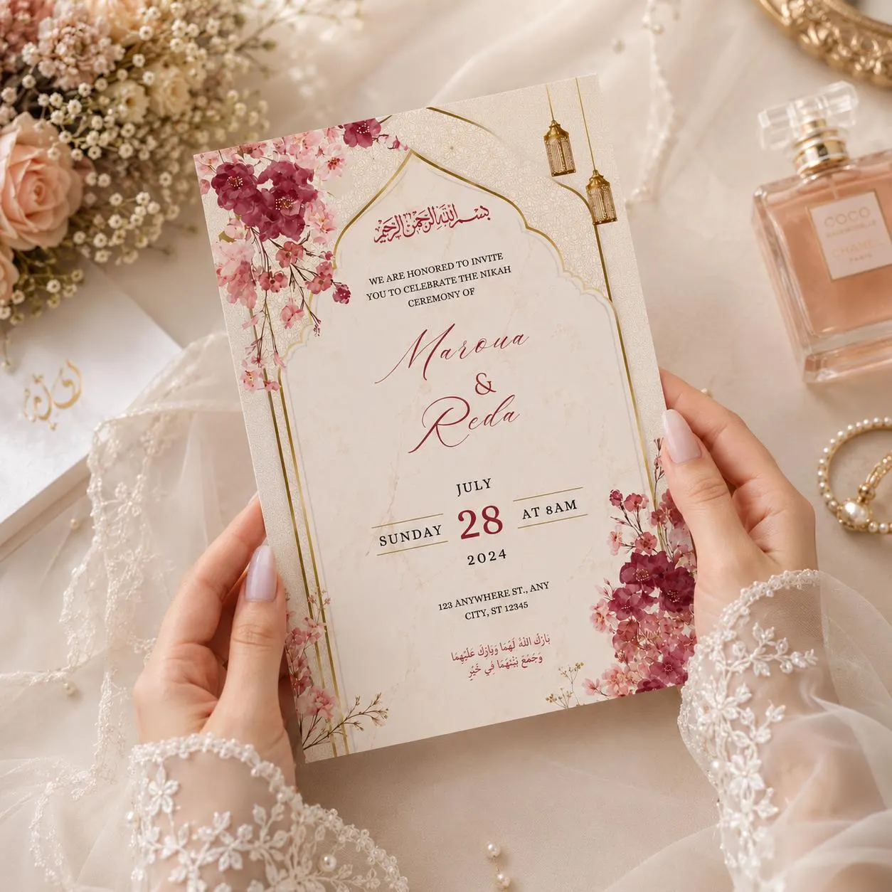 Muslim Wedding Invitation Template, Editable Nikah Invite, Burgundy Floral Islamic Wedding Canva Template, Digital Download