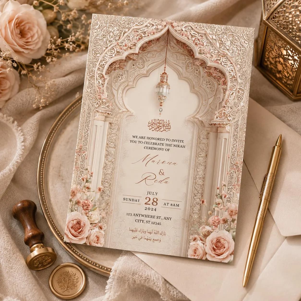 Editable Islamic Nikah Wedding Invitation Template, Luxury Floral Muslim Wedding Invite, Ornate Arch Canva Invitation, Instant Download - image 3