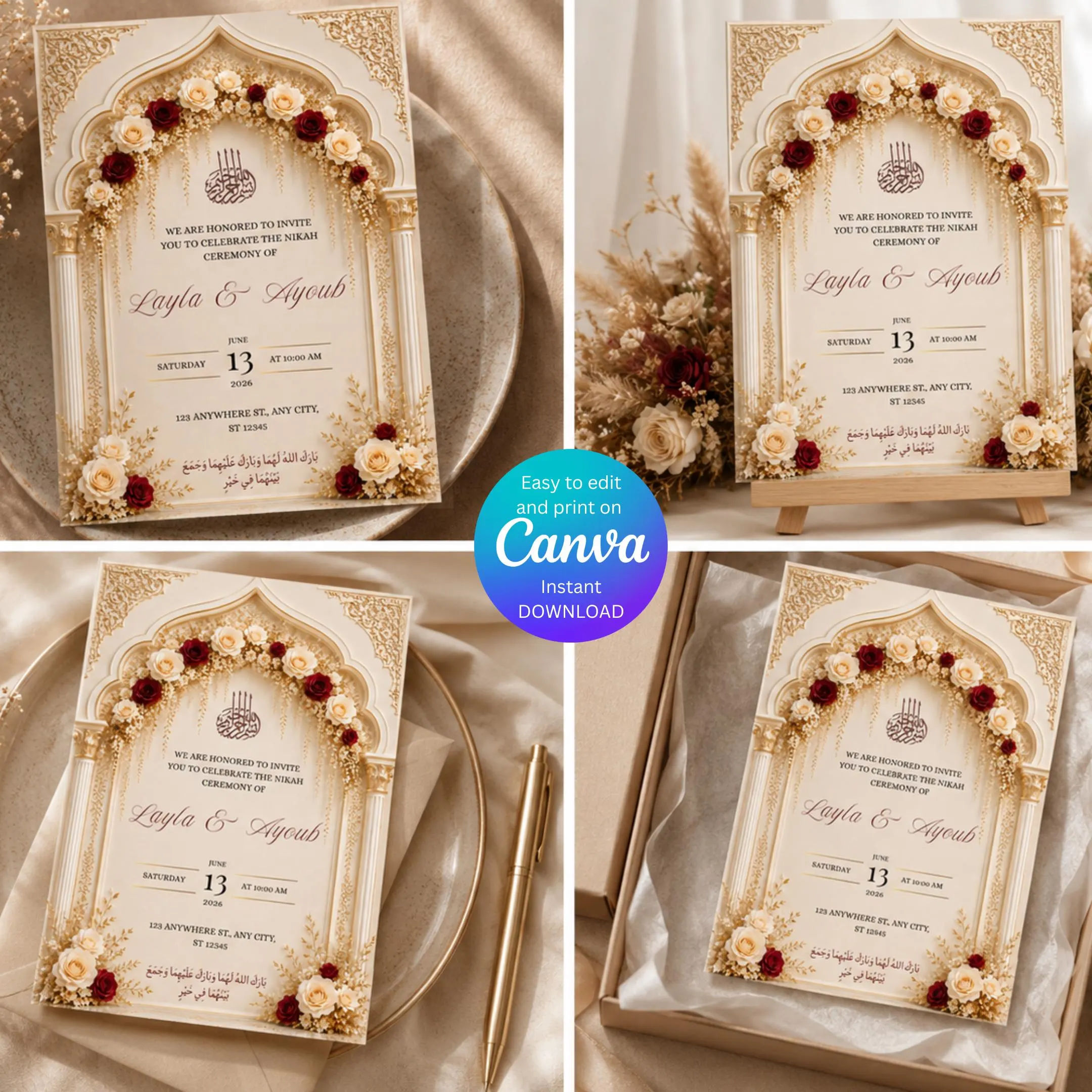 Editable Islamic Wedding Invitation Canva Template, Elegant Muslim Nikah Invite, Luxury Gold Floral Wedding Card 5x7 - image 5