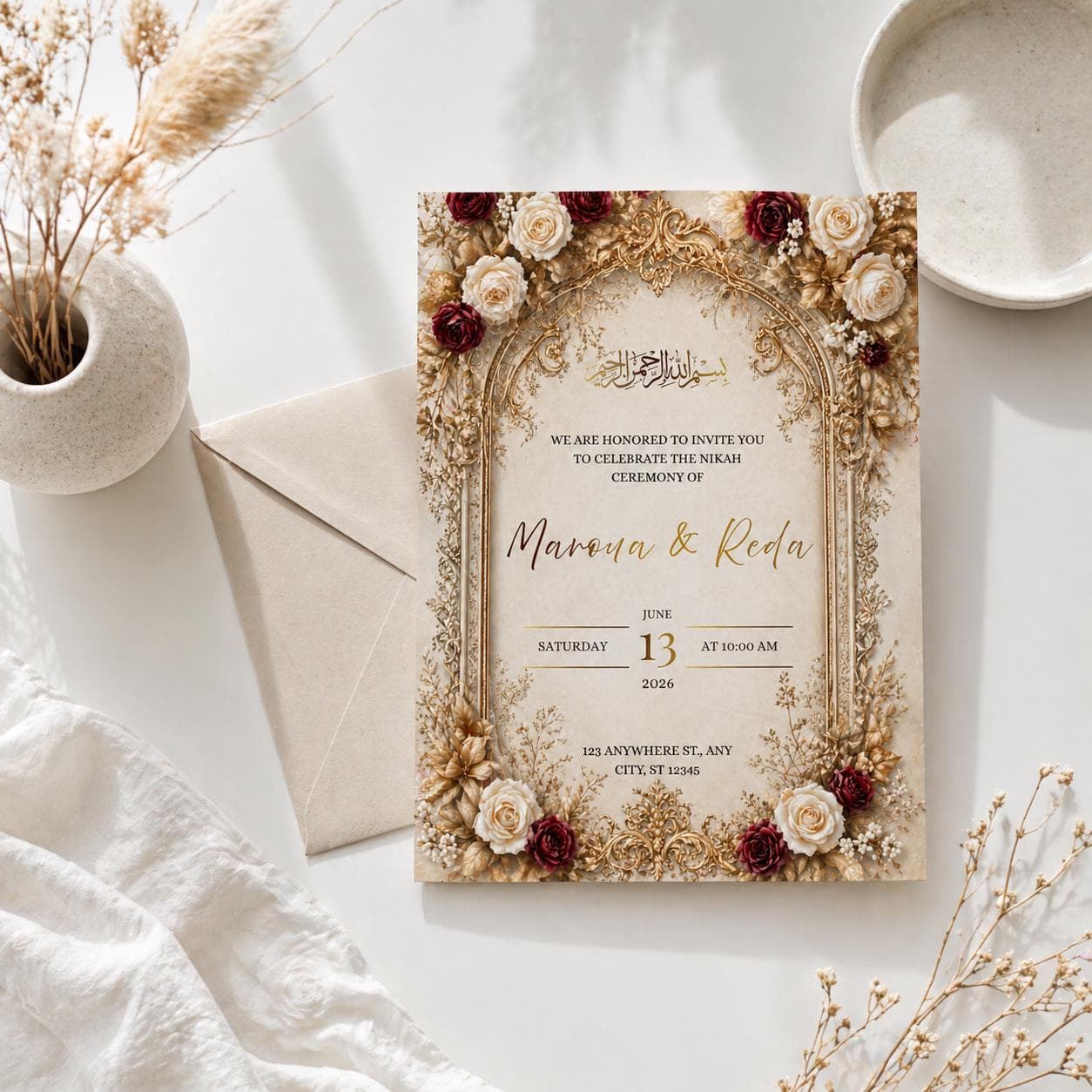 Luxury Islamic Wedding Invitation | Gold Floral Nikah Invite | Editable Canva Template |  Muslim Wedding Card | Elegant Muslim Invite - image 5