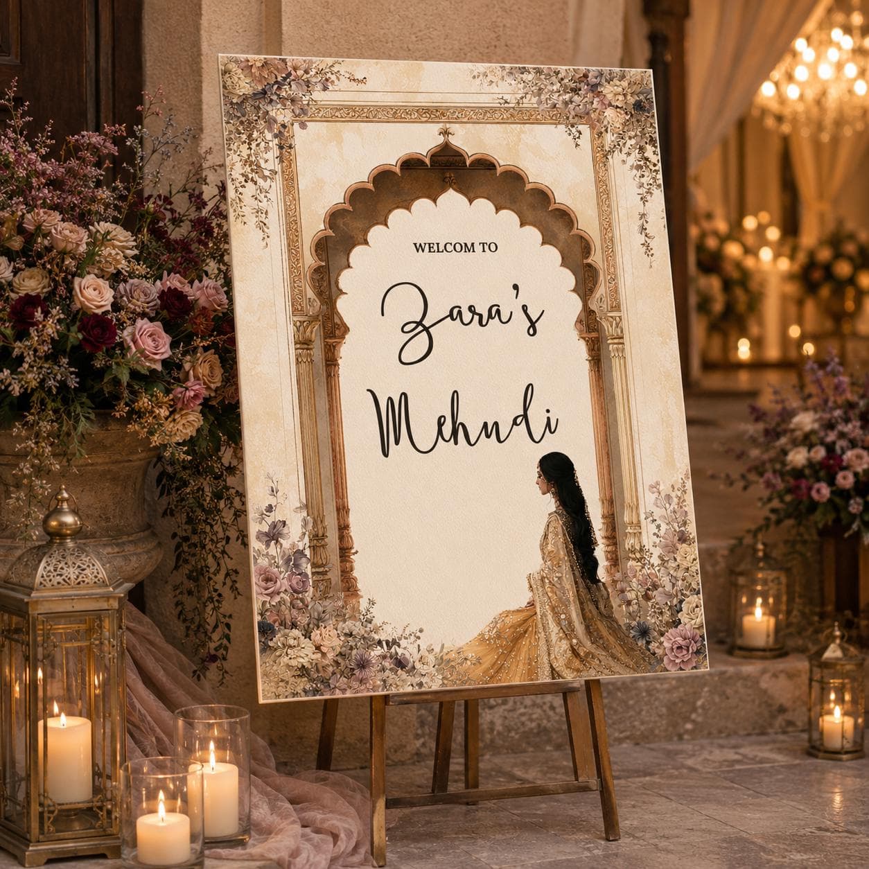 Mehndi Welcome Sign Template, Mughal Arch Indian Wedding Sign, Editable Canva Mehendi Welcome Sign, Neutral Floral Desi Wedding Decor - image 3