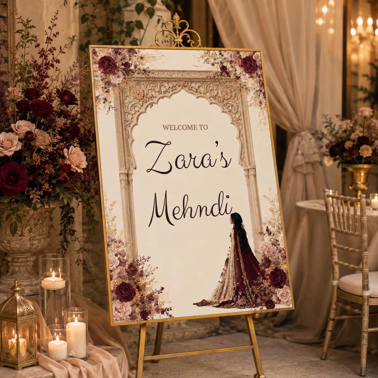 Mehndi Welcome Sign Template, Burgundy Indian Wedding Welcome Sign, Editable Canva Mehendi Sign, Desi Wedding Decor, 18x24 Printable