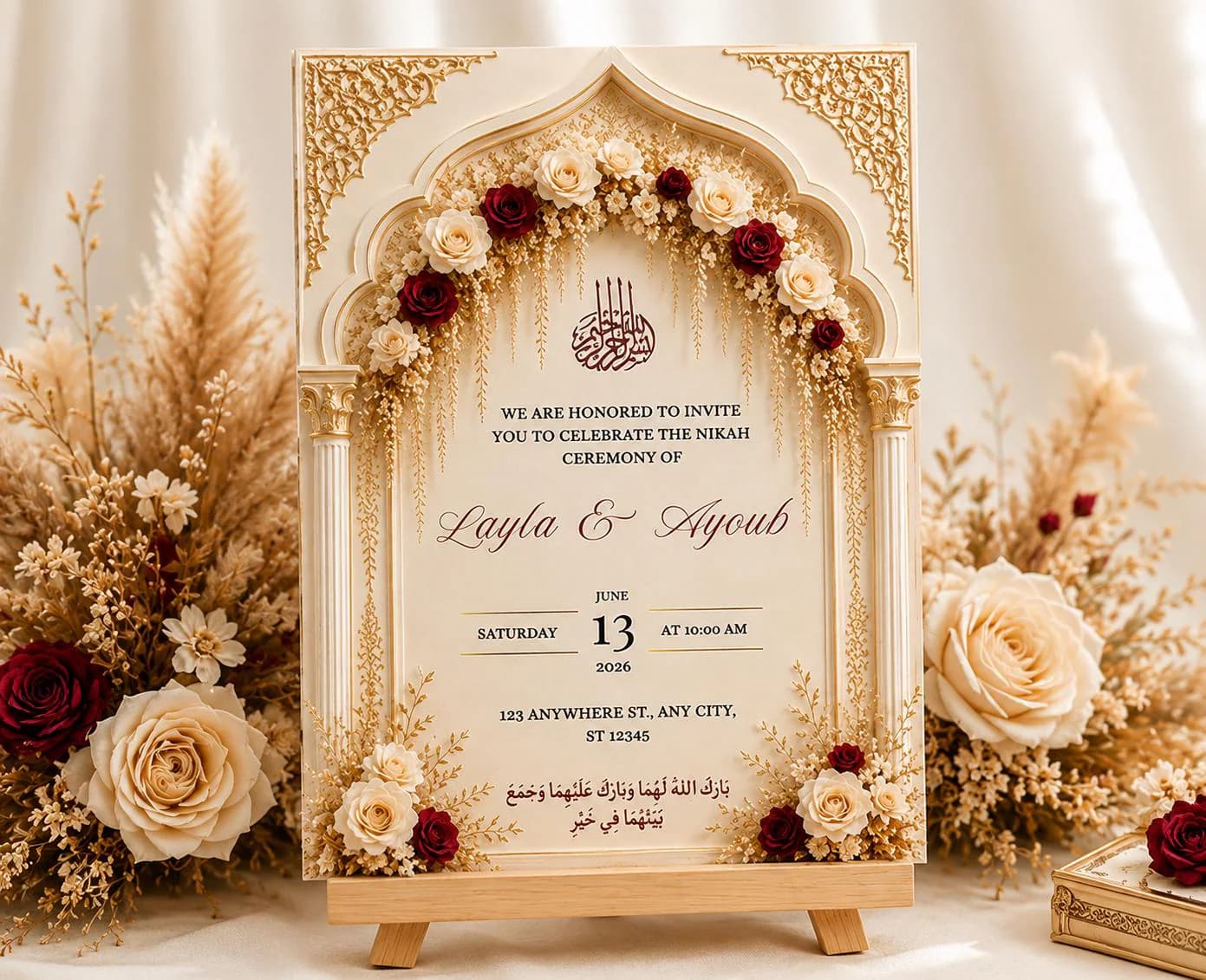 Editable Islamic Wedding Invitation Canva Template, Elegant Muslim Nikah Invite, Luxury Gold Floral Wedding Card 5x7
