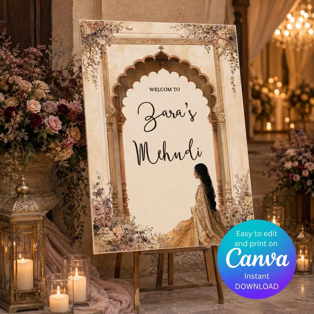 Mehndi Welcome Sign Template, Mughal Arch Indian Wedding Sign, Editable Canva Mehendi Welcome Sign, Neutral Floral Desi Wedding Decor - image 5