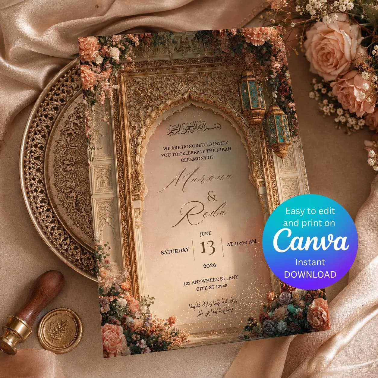 Luxury Islamic Nikah Invitation Template, Royal Floral Muslim Wedding Invite, Ornate Arch Editable Canva Wedding Invitation - image 5