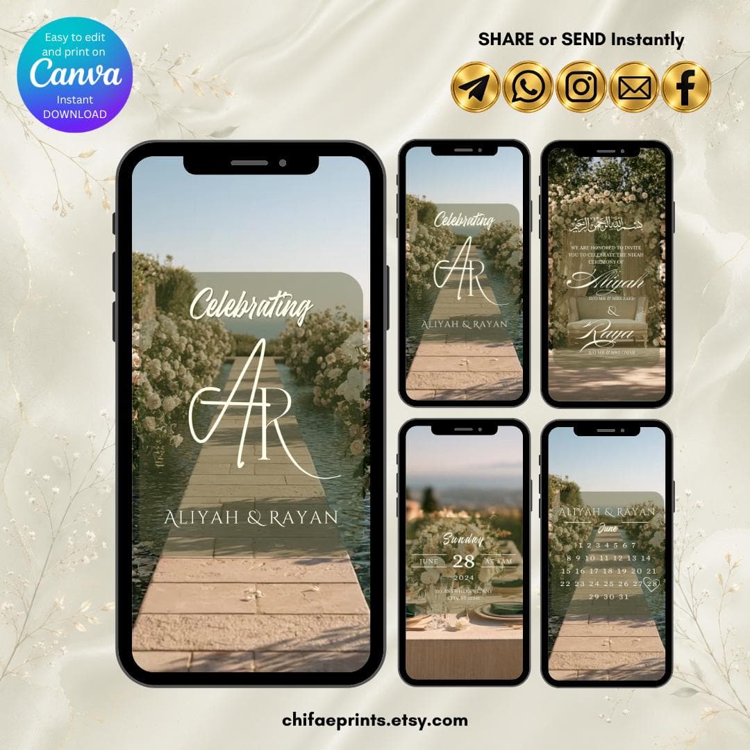 Animated Nikah Invitation Video Template, Editable Canva Muslim Wedding Invite, Green Beige Digital Mobile Wedding Card