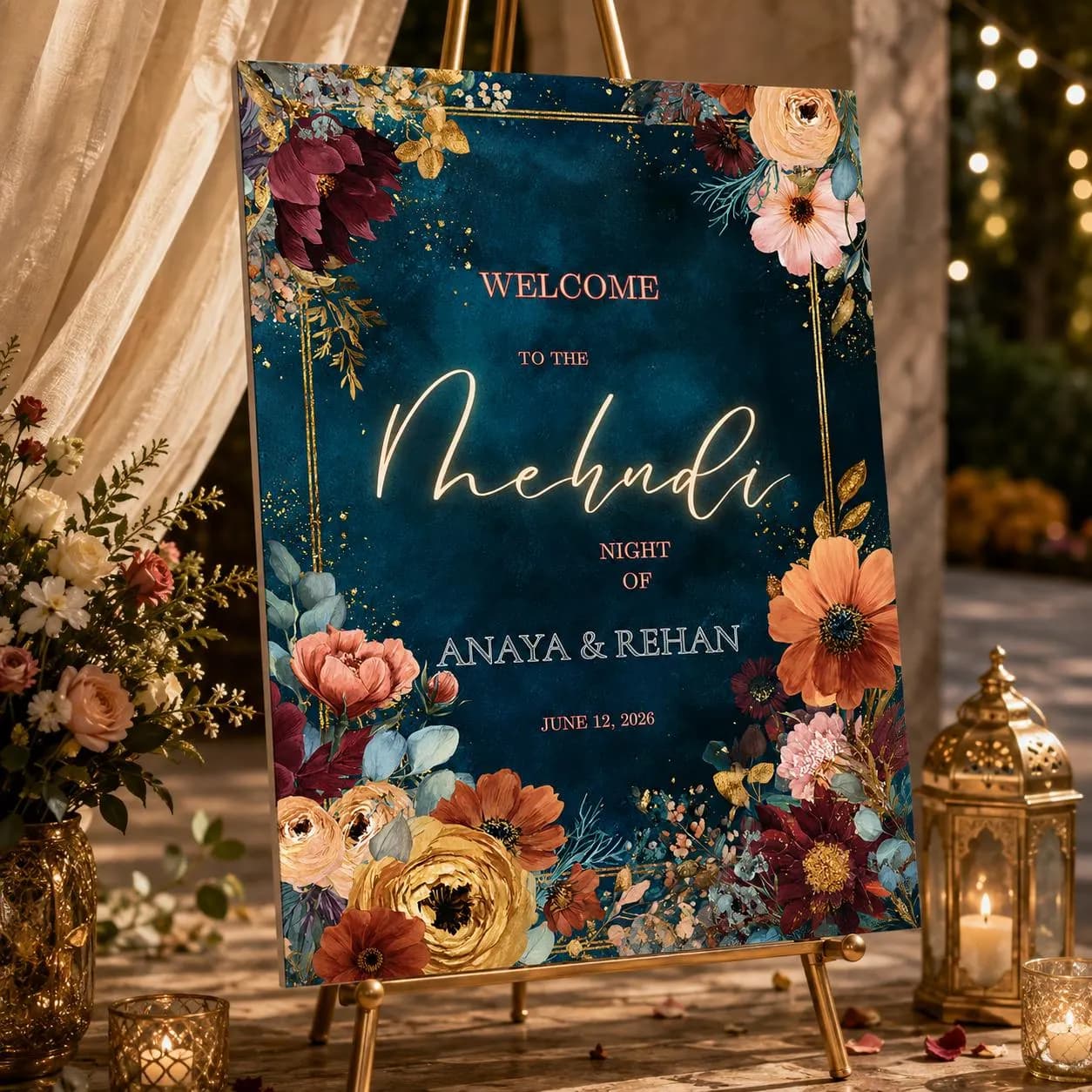 Navy Blue & Gold Mehndi Welcome Sign Template | Editable Canva Indian Wedding Welcome Poster | Instant Download 18x24