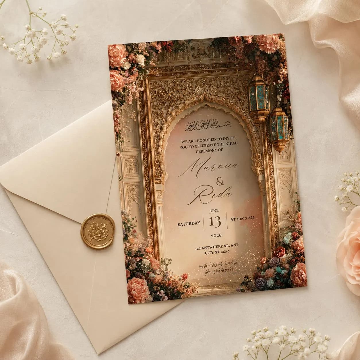 Luxury Islamic Nikah Invitation Template, Royal Floral Muslim Wedding Invite, Ornate Arch Editable Canva Wedding Invitation