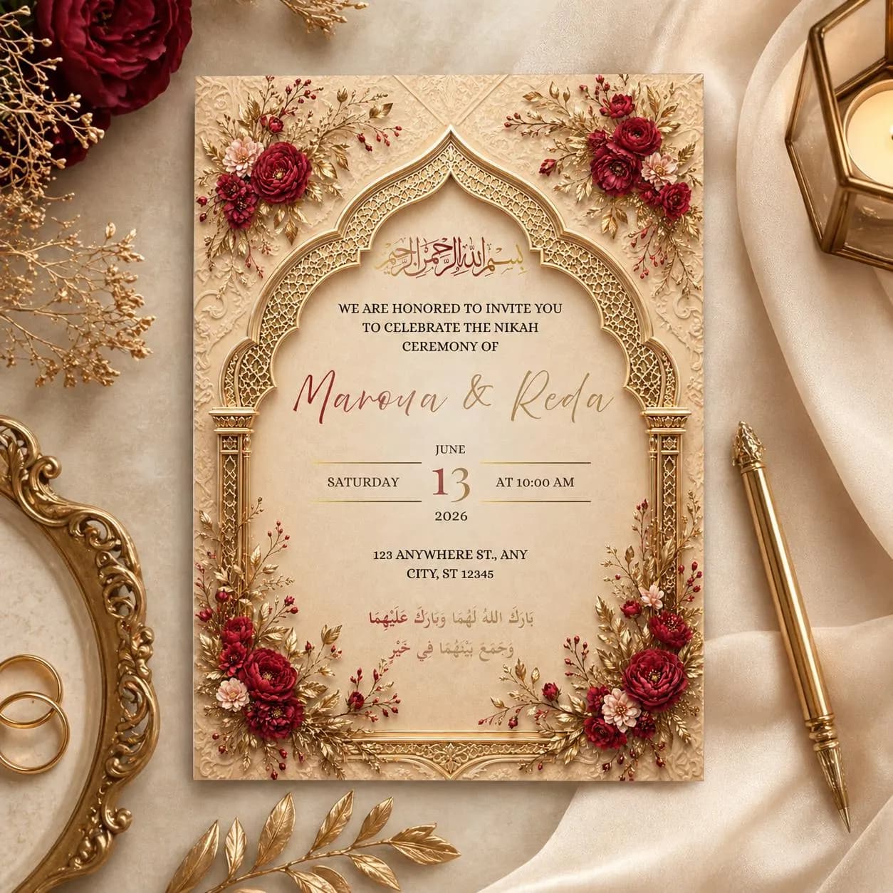 Islamic Wedding Invitation Editable Canva Template | Red Gold Nikah Invite | Luxury Muslim Wedding Card  | 5x7 Printable - image 4