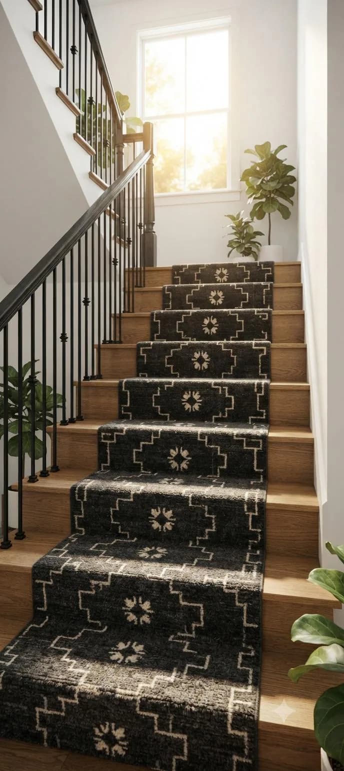 Handmade Wool Jute Stair Runner, Black Geometric Stair Runner, Custom Stair Carpet, Modern Wool Jute Runner, Indian Kilim Stair Rug