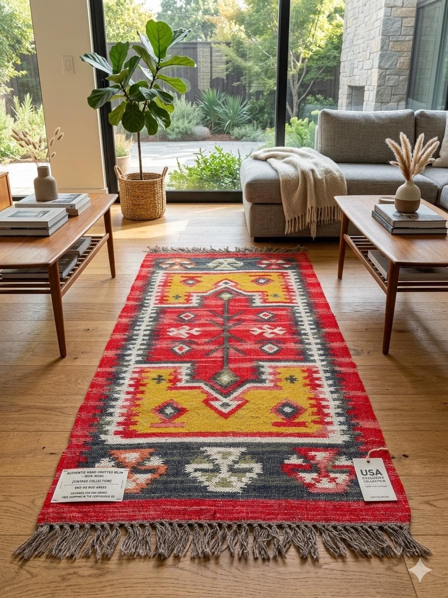 Handwoven Southwestern Stair Runner Rug, Red Kilim Stair Carpet, Tribal Wool Stair Runner, Geometric Hallway Runner, Custom Boho Stair Rug - image 3