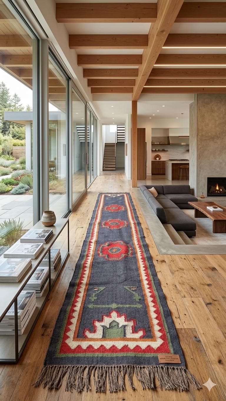 Handwoven Vintage Kilim Runner Rug, Bohemian Wool Hallway Rug, Tribal Geometric Carpet,Long Rustic Farmhouse Runner, Handmade Entryway Decor - image 4