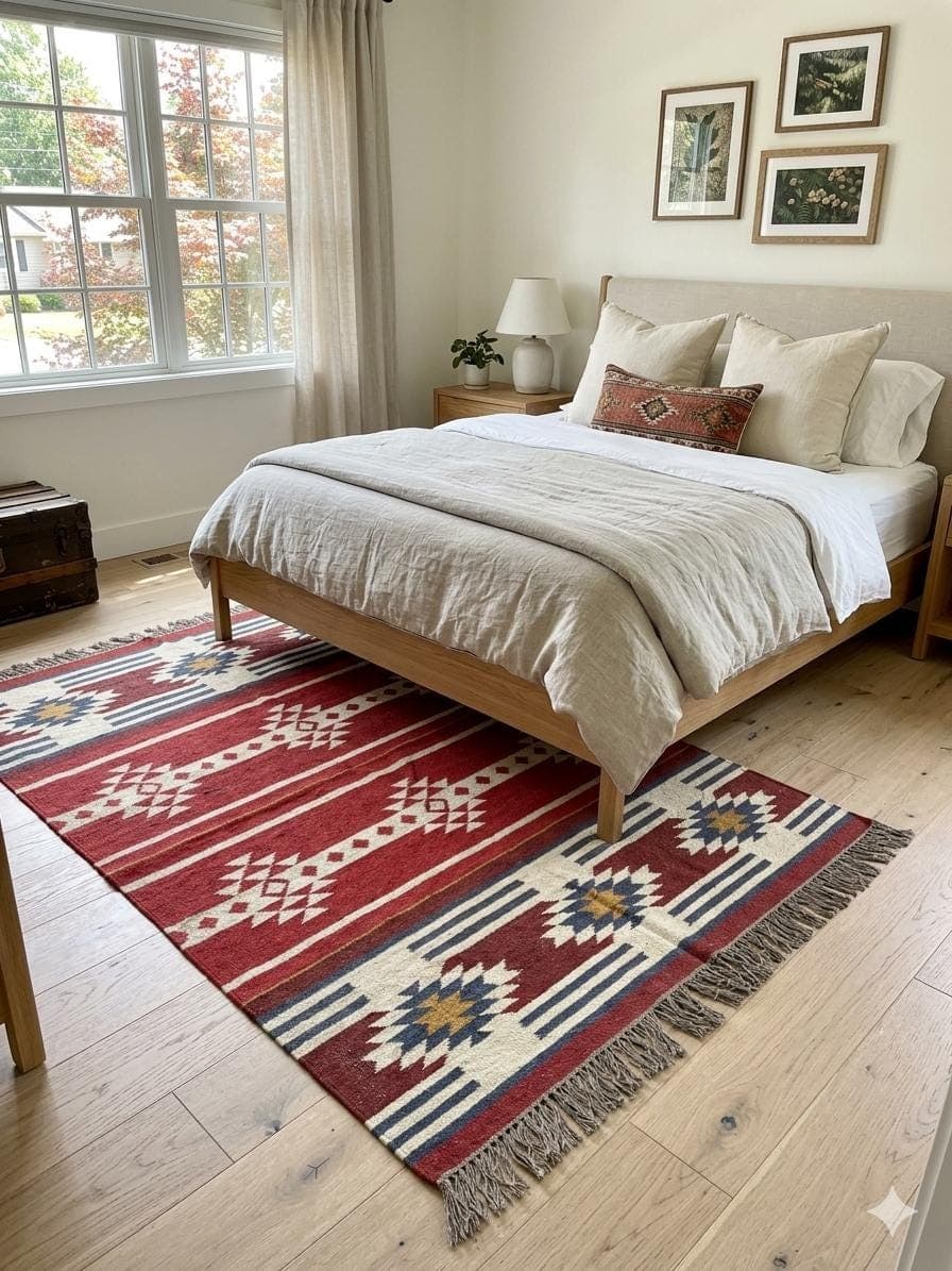Red Southwestern Kilim Rug, Tribal Boho Area Rug, Navajo Style Geometric Carpet, Rustic Farmhouse Decor, Handwoven Flatweave Rug with Fringe