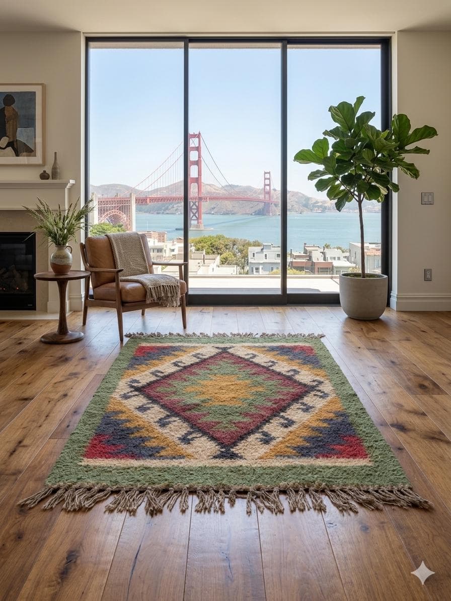 Southwestern Area Rug, Green Navajo Geometric Living Room Carpet, Boho Farmhouse Tribal Rug, Rustic Bedroom Accent Rug, Fringe Floor Decor