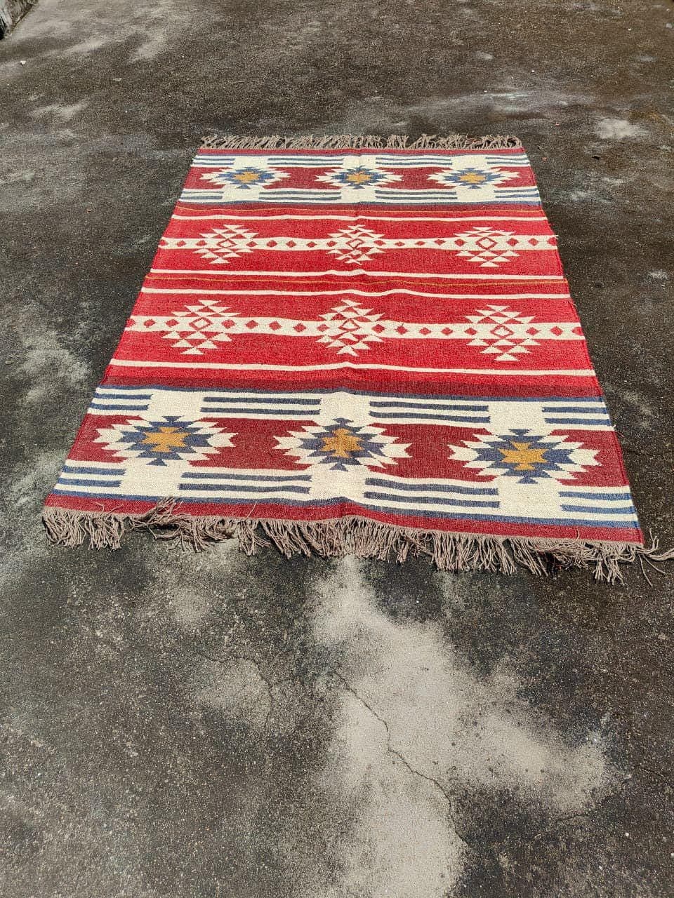 Red Southwestern Kilim Rug, Tribal Boho Area Rug, Navajo Style Geometric Carpet, Rustic Farmhouse Decor, Handwoven Flatweave Rug with Fringe - image 4