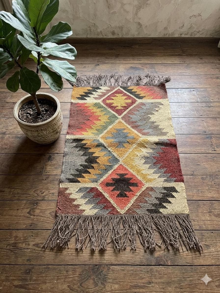 Vintage Handmade Kilim Rug, Small Tribal Wool Rug, Boho Accent Rug, Geometric Pattern Carpet,Rustic Home Decor,Entryway Rug,Ethnic Woven Mat - image 3
