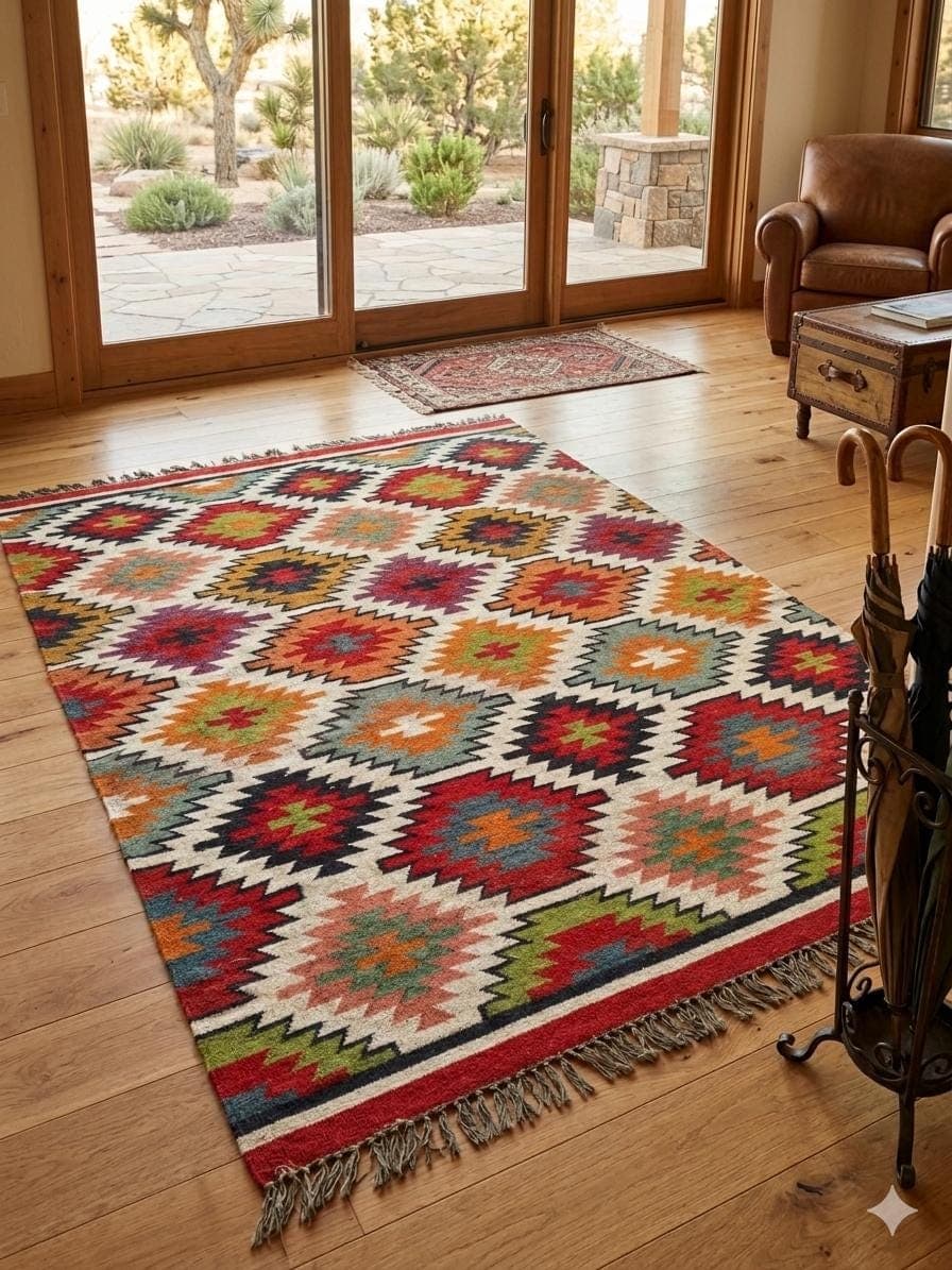 Southwestern Area Rug,Boho Kilim Style Rug, Colorful Geometric Living Room Carpet,Tribal Farmhouse Floor Rug,Bedroom Decor Housewarming Gift