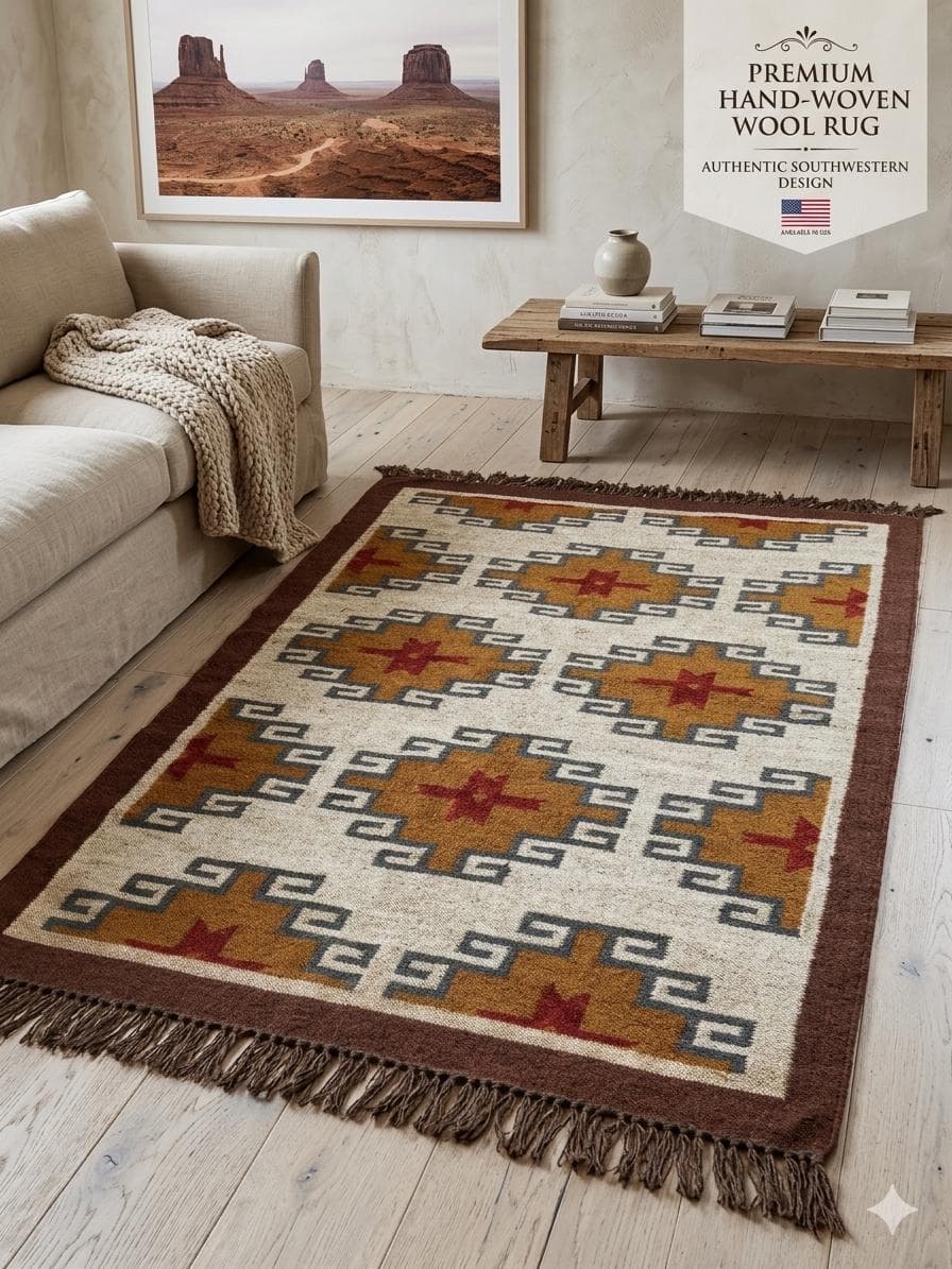 Moroccan Style Handwoven Area Rug, Boho Tribal Wool Jute Rug, Southwestern Geometric Carpet, Rustic Farmhouse Living Room Rug - image 3