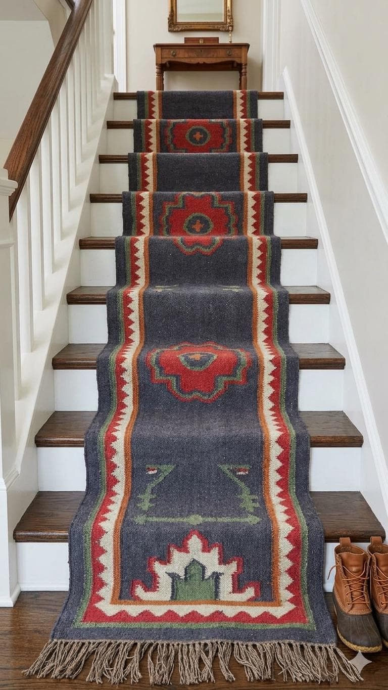 Vintage Southwestern Stair Runner Rug, Navajo Style Wool Hallway Runner, Rustic Tribal Geometric Carpet, Farmhouse Boho Stair Decor
