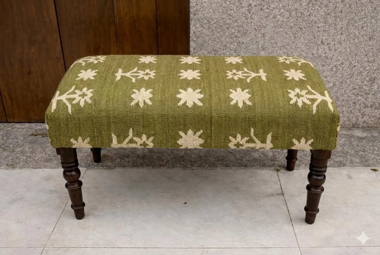 Handwoven Upholstered Bench, Olive Green Floral Kilim Bench, Rustic Wooden Legs Ottoman,Boho Entryway Bench Seat,Farmhouse Bedroom Footstool - image 2