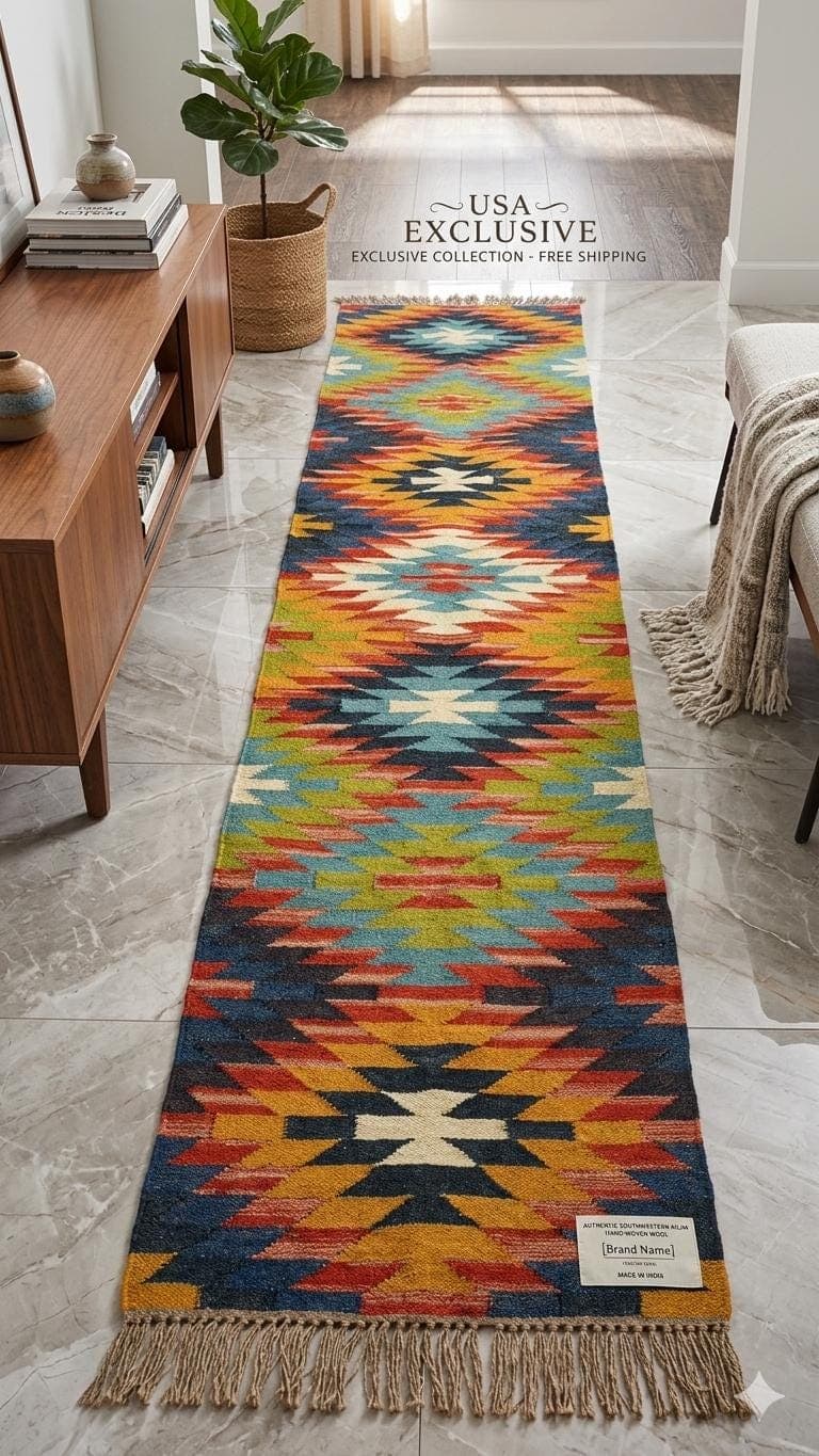 Colorful Southwestern Runner Rug, Boho Tribal Kilim Runner, Geometric Hallway Rug, Navajo Style Carpet, Rustic Farmhouse Entryway Runner - image 3