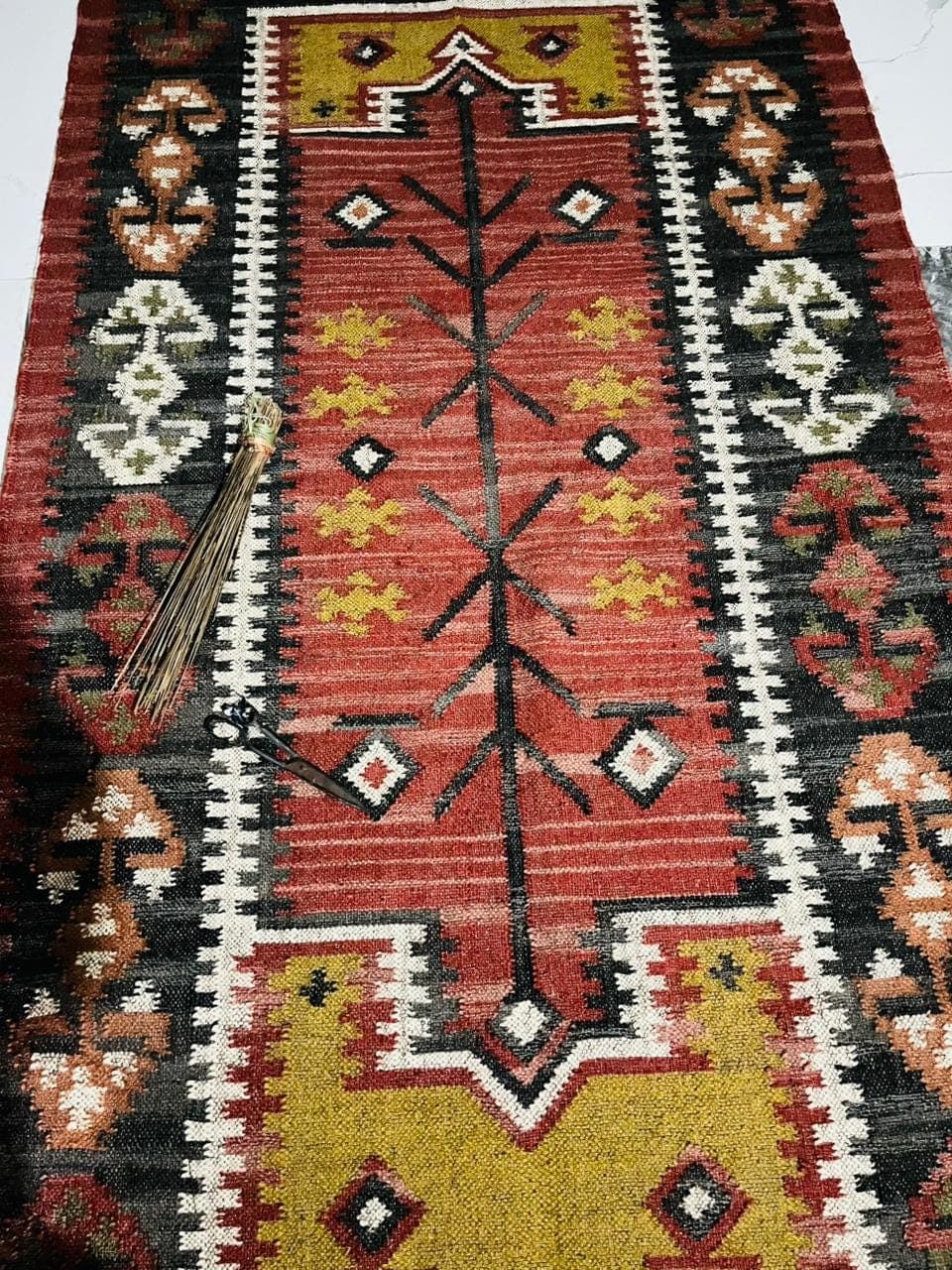 Vintage Tribal Accent Rug, Rust Red Kilim Bedside Rug, Handmade Boho Geometric Carpet, Southwestern Bedroom Floor Mat, Fringe Area Rug Decor - image 5