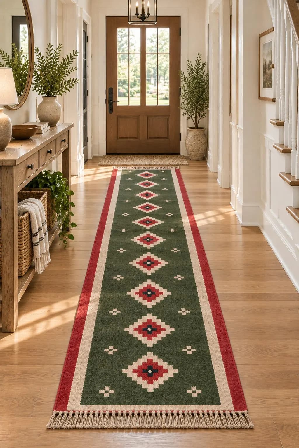 Green Red Wool Jute Stair Runner, Handwoven Southwestern Geometric Kilim Rug, Tribal Boho Stair Carpet, Farmhouse Stair Runner, Custom Size - image 4