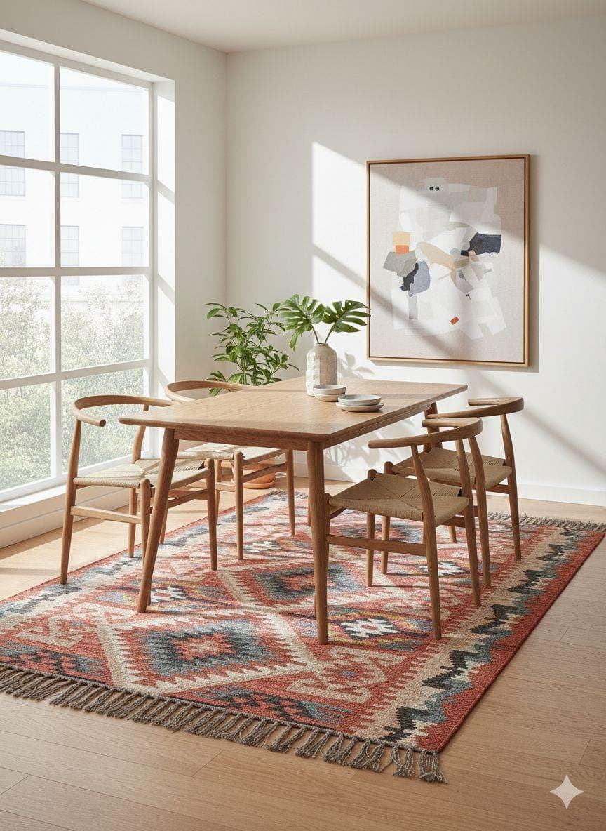 Handmade Wool Jute Boho Area Rug, Southwestern Tribal Geometric Rug, Rustic Farmhouse Living Room Carpet, Bohemian Floor Rug with Fringe - image 3