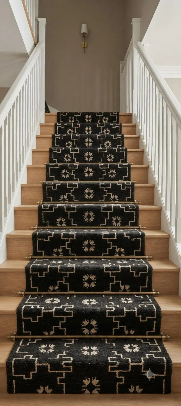 Handmade Wool Jute Stair Runner, Black Geometric Stair Runner, Custom Stair Carpet, Modern Wool Jute Runner, Indian Kilim Stair Rug - image 2