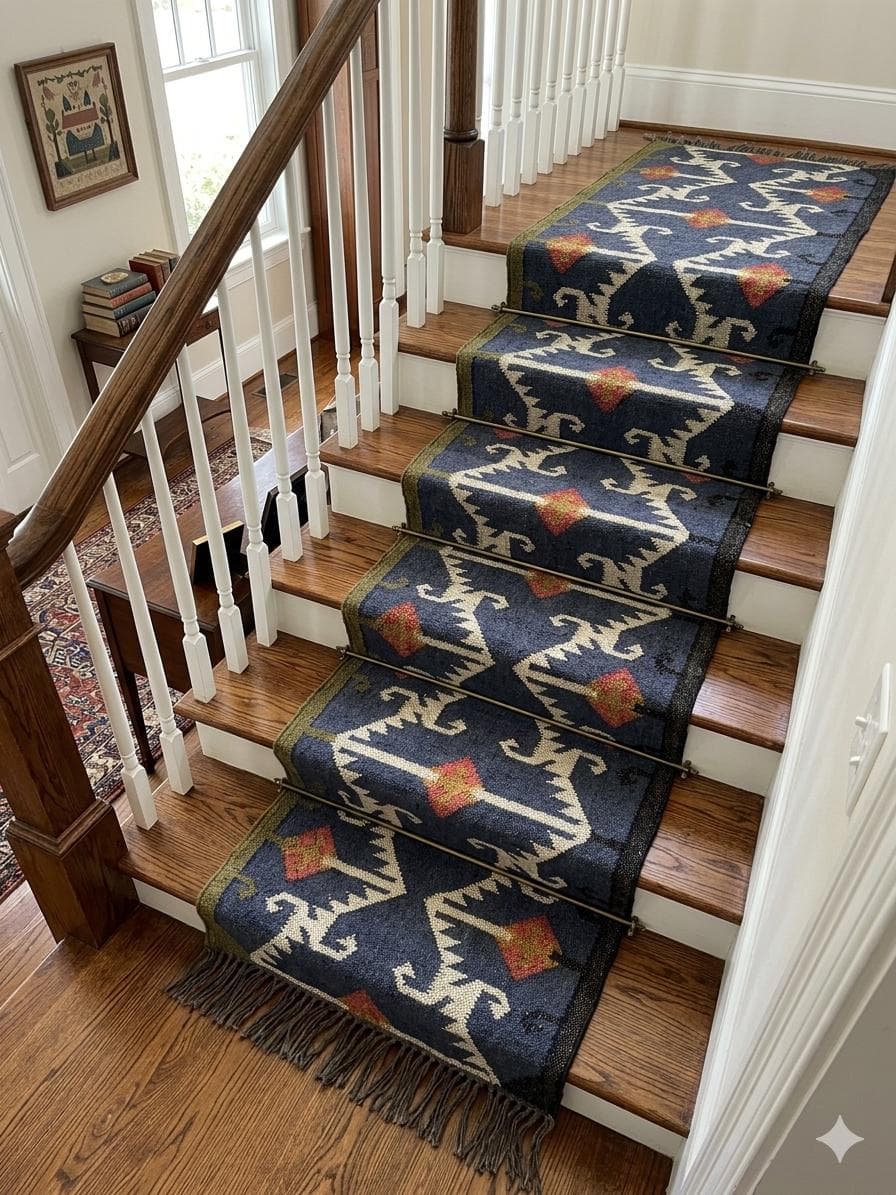 Navy Blue Stair Runner Rug, Southwestern Geometric Staircase Carpet, Vintage Hallway Runner, Rustic Farmhouse Decor, Custom Length Rug