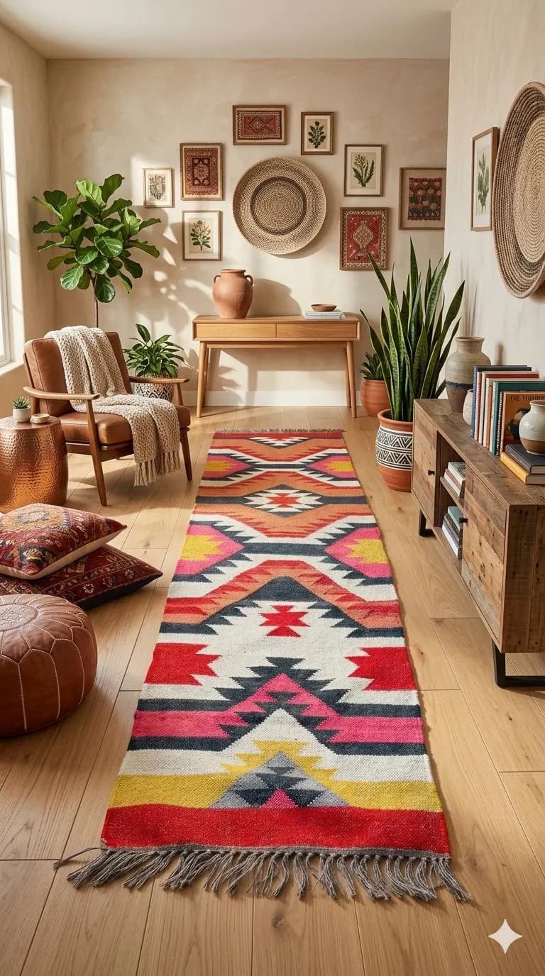 Boho Southwestern Rug Runner, Colorful Tribal Aztec Hallway Rug, Handwoven Style Geometric Carpet, Farmhouse Home Decor