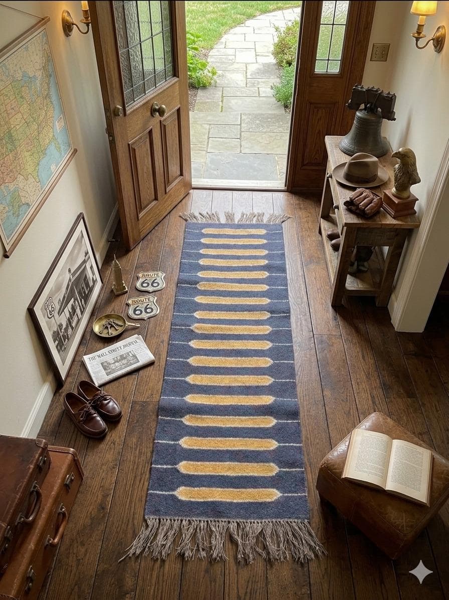 Blue Hallway Runner Rug, Modern Striped Entryway Carpet, Farmhouse Corridor Runner, Rustic Boho Long Rug, Fringe Custom Size Runner