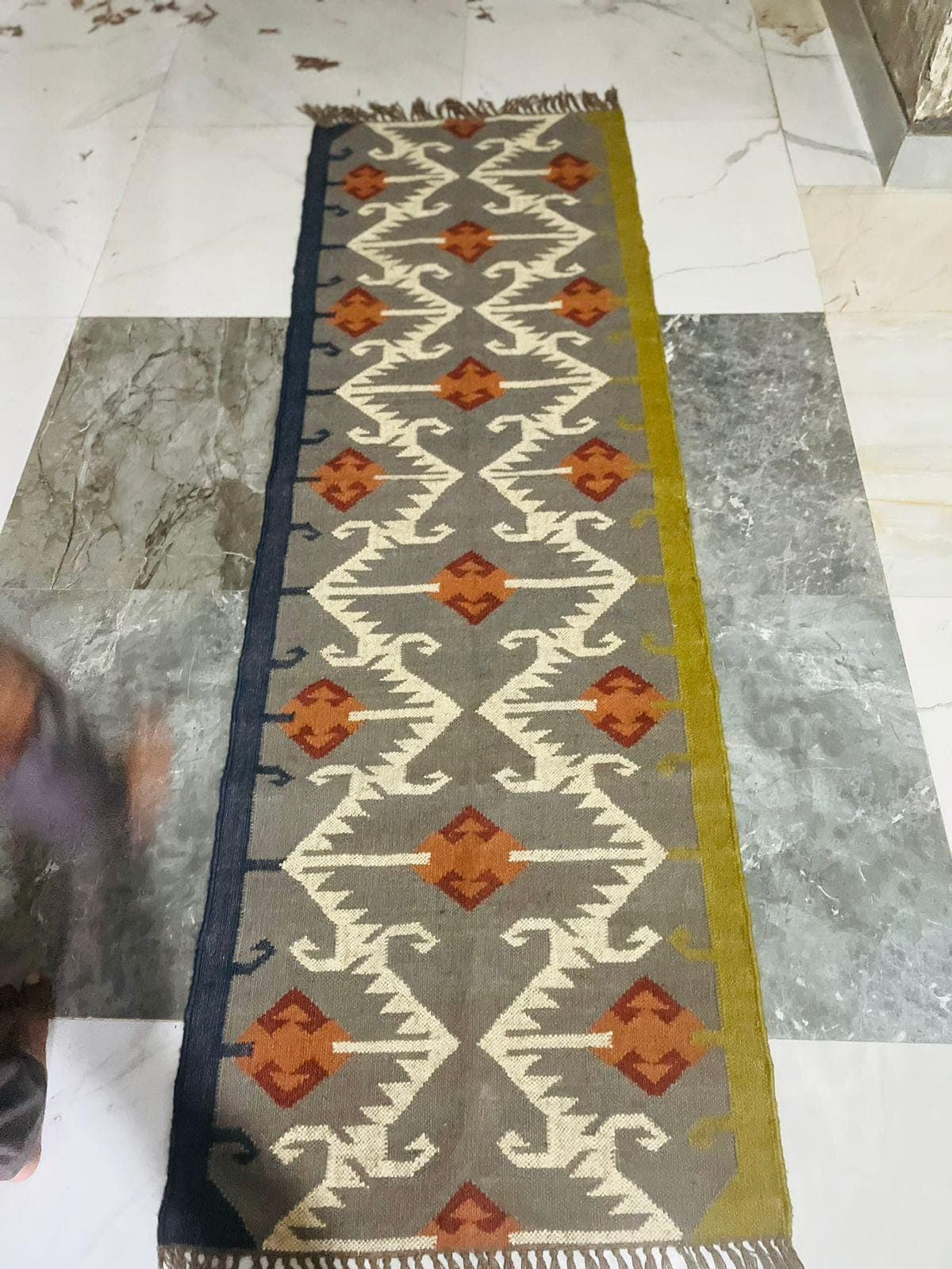 Handwoven Kilim Runner Rug – Vintage Geometric Tribal Carpet, Neutral Gray Wool Hallway Rug, Boho Southwestern Entryway Runner with Fringe - image 4