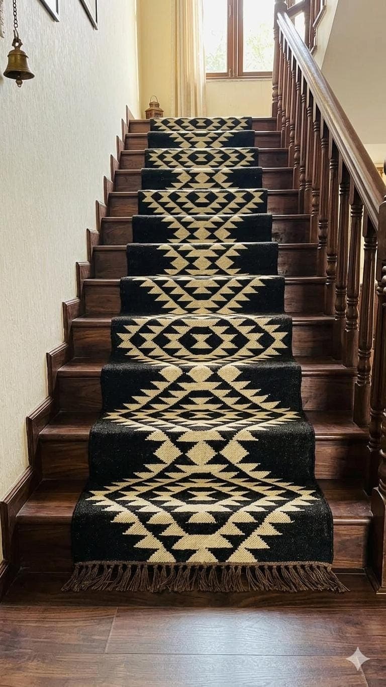 Black Cream Southwestern Stair Runner Rug, Handwoven Kilim Stair Carpet, Geometric Wool Stair Runner, Tribal Hallway Runner, Custom Boho rug
