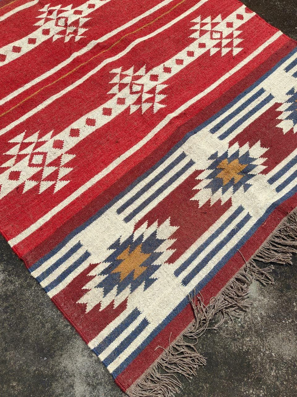 Red Southwestern Kilim Rug, Tribal Boho Area Rug, Navajo Style Geometric Carpet, Rustic Farmhouse Decor, Handwoven Flatweave Rug with Fringe - image 5