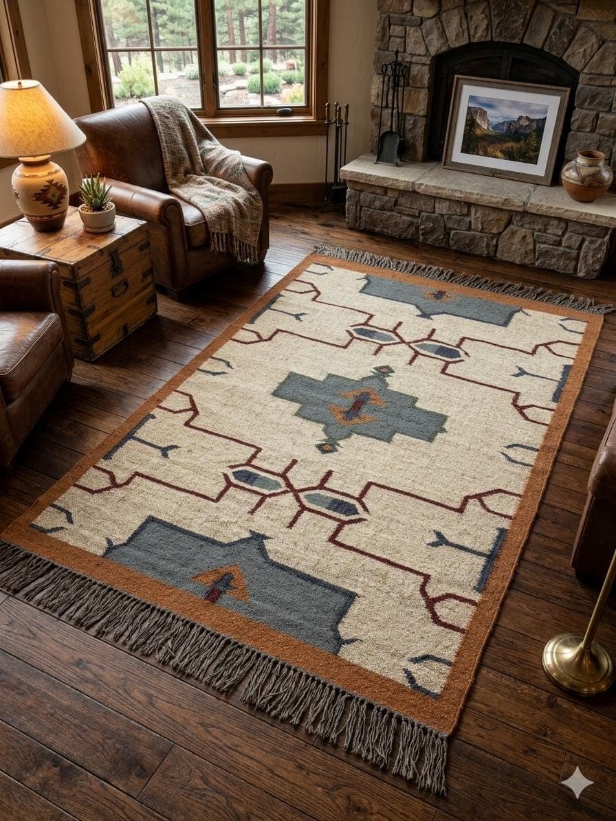 Southwestern Geometric Area Rug with Fringe, Boho Tribal Wool Carpet, Neutral Beige Rustic Living Room Rug, Handmade Style Decor - image 3