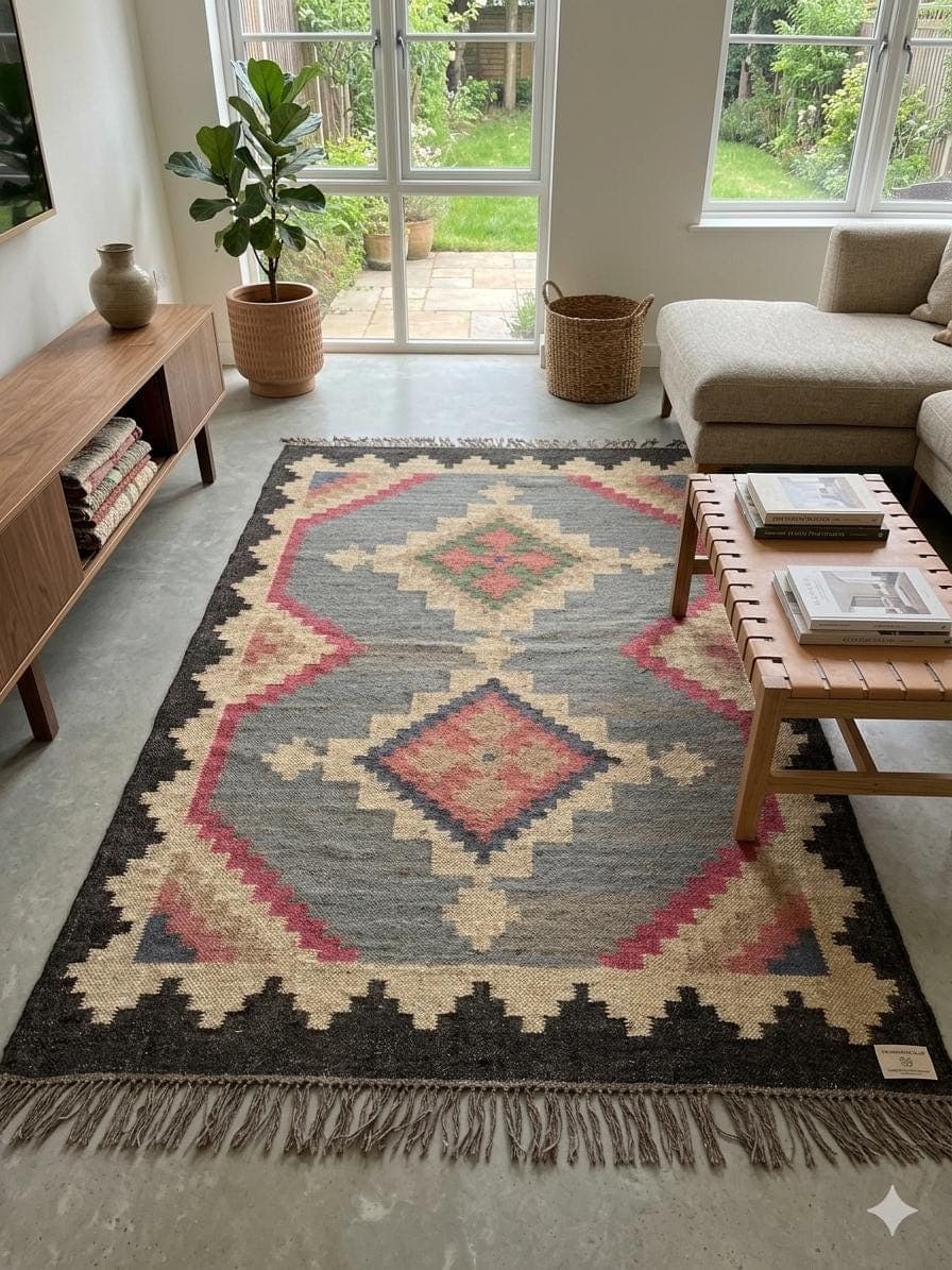Handmade Wool Jute Boho Rug, Southwestern Tribal Geometric Area Rug, Rustic Farmhouse Living Room Carpet, Bohemian Floor Rug with Fringe - image 3