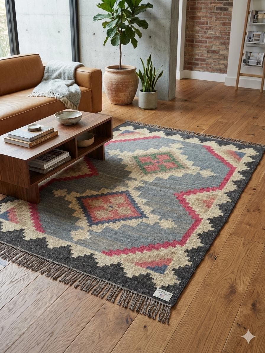 Handmade Wool Jute Boho Rug, Southwestern Tribal Geometric Area Rug, Rustic Farmhouse Living Room Carpet, Bohemian Floor Rug with Fringe