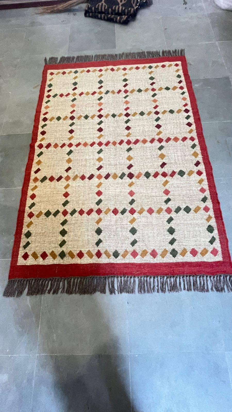 Handwoven Geometric Wool Rug, Boho Area Rug with Fringe, Cream Base Red Border Carpet, Scandinavian Tribal Design Rug, Living Room Bedroom - image 5