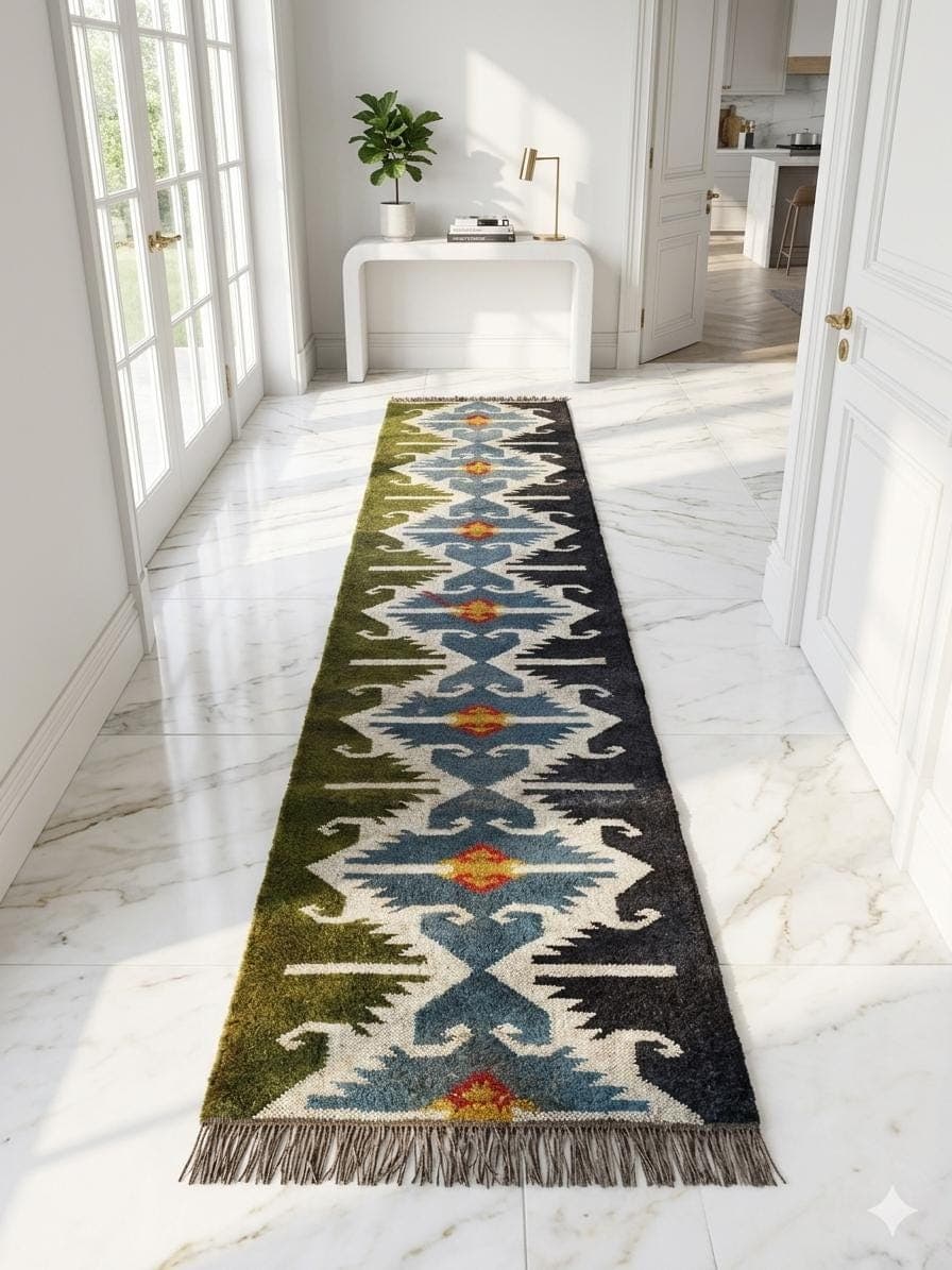 Southwestern Hallway Runner Rug, Blue Green Tribal Corridor Carpet, Rustic Farmhouse Long Runner, Boho Navajo Entryway Rug, Custom Size - image 3