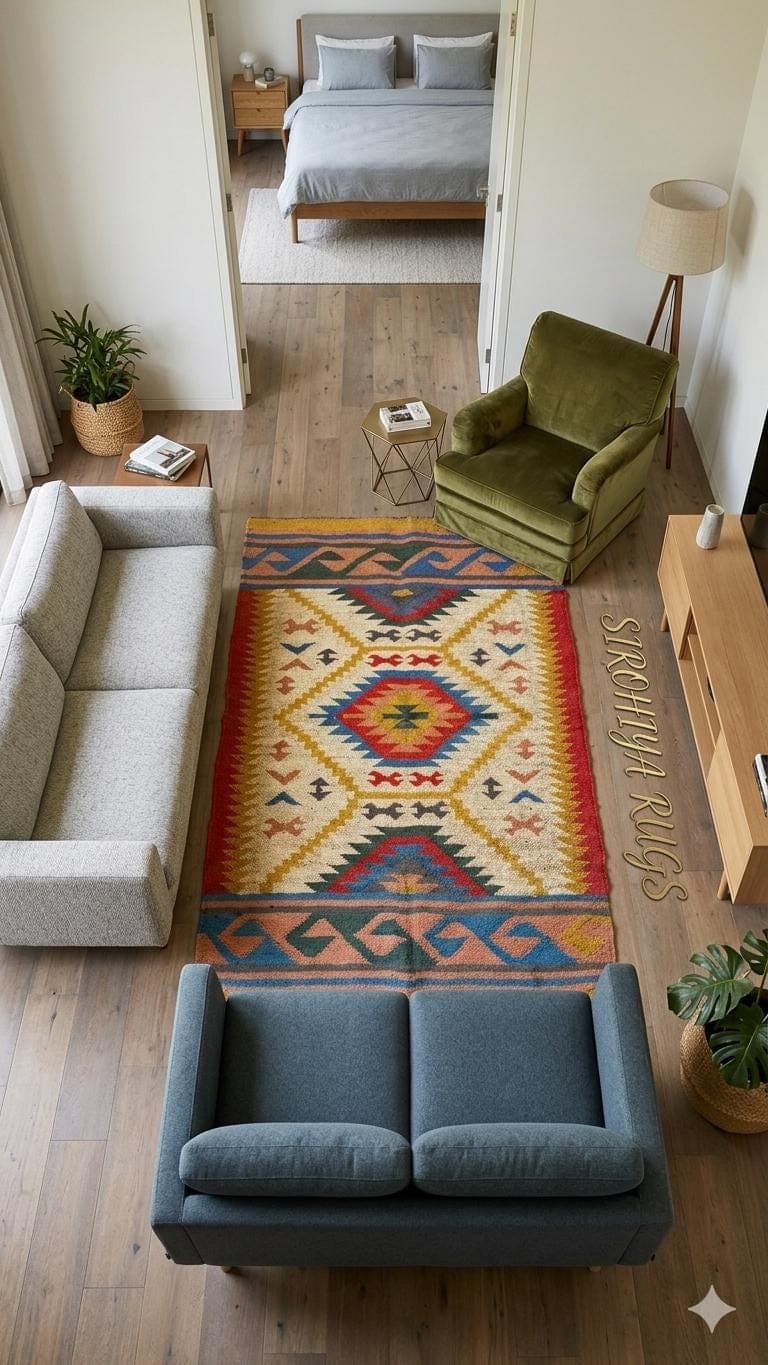 Colorful Southwestern Kilim Rug, Handwoven Tribal Area Rug, Geometric Wool Boho Rug, Vintage Style Moroccan Accent Rug, Farmhouse carpet